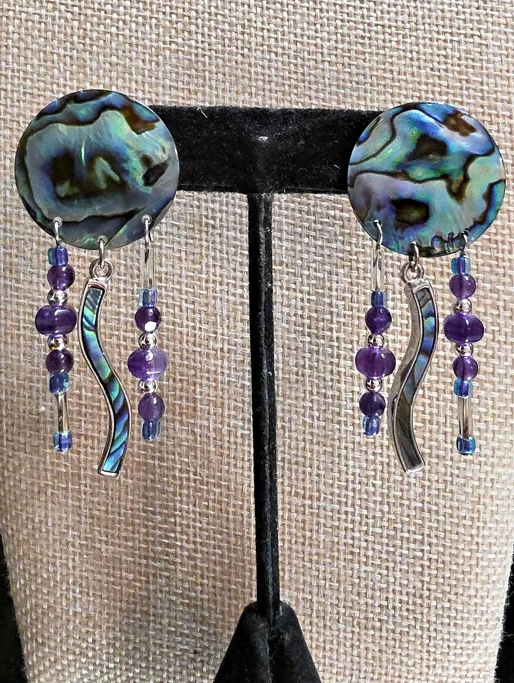 Vintage Natural Abalone Shell and Amethyst Gemstone Fringe Earrings